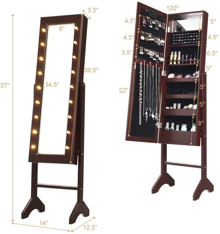 Giantex Standing Jewelry Armoire with 18 LED Lights Around the Door, Large Storage Mirrored Jewelry Cabinet with Full Length Mirror, 16 Lipstick Holders, 1 Inside Makeup Mirror (Brown) - Image 4