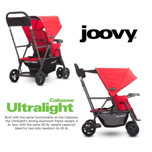 Joovy Caboose Ultralight Sit and Stand Double Stroller with Rear Bench and Standing Platform, 3-Way Reclining Seats, Optional Rear Seat, and Universal Car Seat Adapter (Red) - Image 6