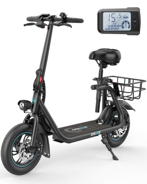 Gyroor Electric Scooter with Seat, 450W Powerful Motor up to 20 Miles Range, Foldable Scooter for Adult Max Speed 15.5Mph, Commuter Electric Scooter with Basket