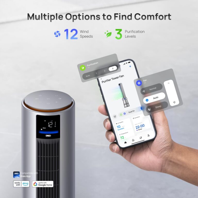 Dreo Air Purifier Tower Fan, 45" 2-in-1 Smart Fan for Bedroom, 27ft/s Velocity, 120°Oscillation, 24H Timer Bladeless Fans for Home, 25dB Low Noise, Standing Fan Works with Alexa, MC710S, Silver Orange - Image 3