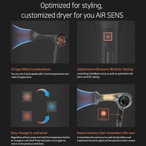 JMW Hair Dryer AIR SENSE I 15 WINDS - 3 Heat X 5 Speed mix, 2 nozzles & dryer Stand, upgrade BLDC motor, 100% Cool shot, Smart Memory, Fast Drying, Low Noise, Curling, Durable, Blow Dryer Frizzy Hair, - Image 6