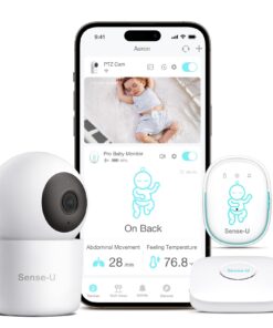 Sense-U Smart Baby Monitor Pro(Long Range)+2K PTZ Camera: Track Abdominal Movement with Arousal Vibration, Rollover, Feeling Temp, 2K Video, Background Sound & Motion Detection, No Monthly Fee