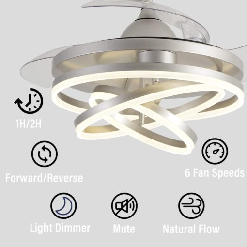 Zenouidle 42" Retractable Ceiling Fan with Lights and Remote,Invisible LED Rings Fandeliers Modern Chandelier Ceiling Fans with 3 Color 6 Speed for Kitchen Bedroom（Chrome） - Image 6