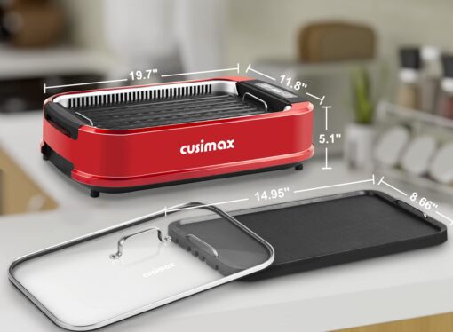 CUSIMAX Smokeless Indoor Grill, Electric Grill Griddle, 1500W Korean BBQ Grill with LED Smart Display & Tempered Glass Lid, Non-stick Removable Grill Plate & Griddle Plate, Red - Image 3