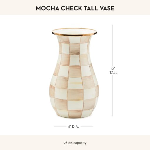 MACKENZIE-CHILDS Tall Enamel Vase, Unique Flower Vase, Bouquet Vase Decor for Living Room, Brown-and-White Mocha Check - Image 4