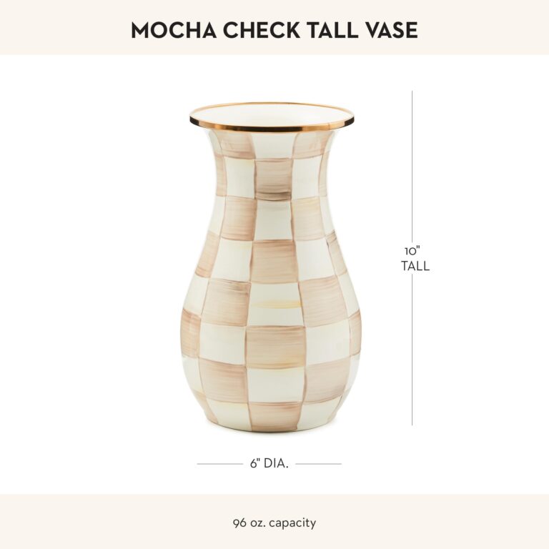 MACKENZIE-CHILDS Tall Enamel Vase, Unique Flower Vase, Bouquet Vase Decor for Living Room, Brown-and-White Mocha Check - Image 4