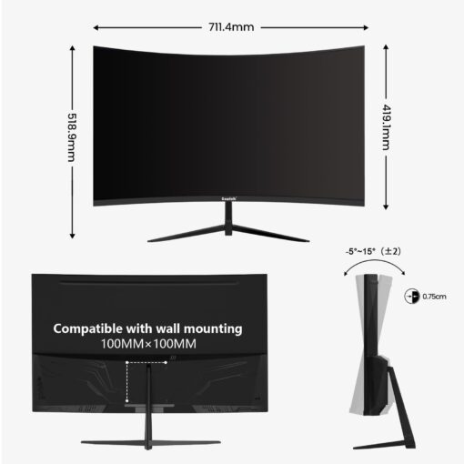 Gawfolk 32 inch 2K QHD(2560×1440P) 165Hz Curved Gaming Monitor,PC Screen, 1ms，FreeSync, 98% sRGB，178° Wide Viewing Angle，DisplayPort、HDMI, Wall Mount Compatible 100 * 100MM Wall - Black - Image 3