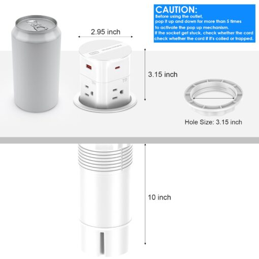 ANNQUAN 3.15" Pop Up Countertop Outlet with 15W Wireless Charger,Max 20W Power Delivery,800J Surge Protection,Pop Up Electrical Outlet with 4 Outlets 4 USB Ports for Home Office(ETL Listed) - Image 5