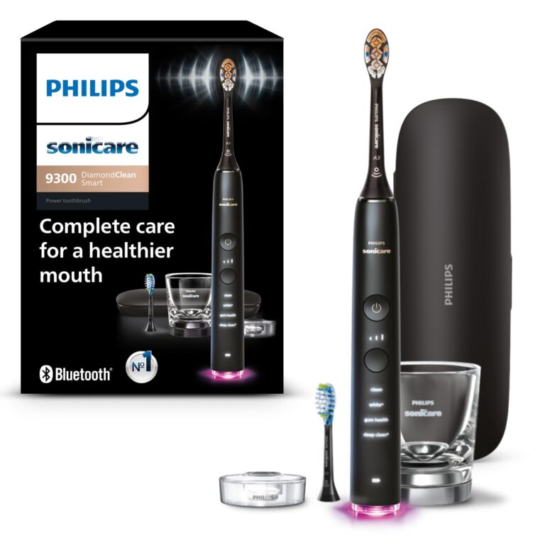 Philips Sonicare DiamondClean Smart 9300 Electric Toothbrush, Sonic Toothbrush with App, Pressure Sensor, Brush Head Detection, 4 Brushing Modes and 3 Intensity Levels, Black, Model HX9903/15