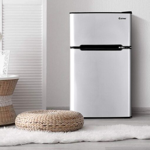COSTWAY Compact Refrigerator, 3.2 cu ft. Unit 2-Door Mini Freezer Cooler Fridge with Reversible Door, Removable Glass Shelves, Mechanical Control, Recessed Handle for Dorm, Office, Apartment (Grey) - Image 3