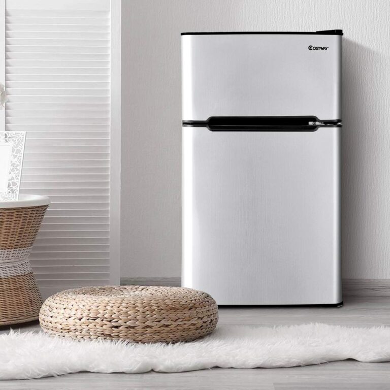 COSTWAY Compact Refrigerator, 3.2 cu ft. Unit 2-Door Mini Freezer Cooler Fridge with Reversible Door, Removable Glass Shelves, Mechanical Control, Recessed Handle for Dorm, Office, Apartment (Grey) - Image 3