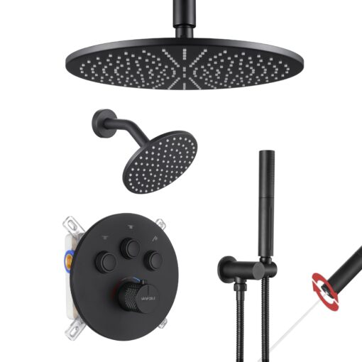 VANFOXLE Thermostatic Shower Faucet Set Matte Black Shower System,Push Button Diverter Shower Faucet with 2 in 1 Handheld, Wall Mount 12 Inch Shower Head with 6 Inch Shower Head