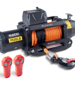 RUGCEL WINCH 9500lb Waterproof Electric Synthetic Rope Powerful Fast 12v Jeep Winch with Hawse Fairlead, Wired Handle and 2 Wireless Remote