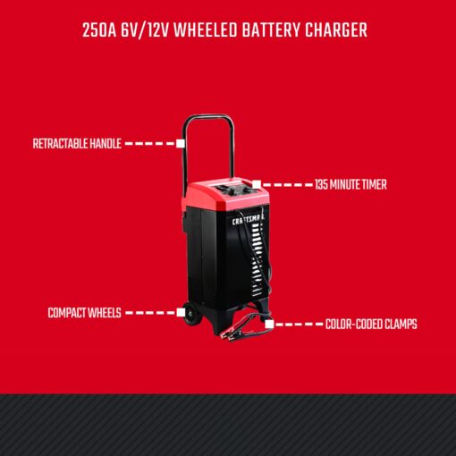 CRAFTSMAN Wheeled Battery Charger and Engine Starter, CMXCESM233, 2-in-1 Manual Timer Controlled, 250 Cranking Amps, 6 Volt, 12 Volt, for Car, SUV, Truck, and Marine Batteries - Image 6