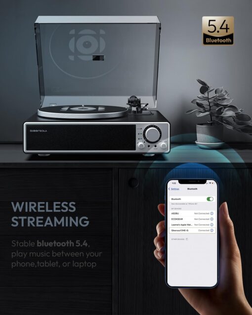 QLEARSOUL ONE-Q Vinyl Record Player (Black), All-in-one HiFi Turntables with Built in Speakers, Bluetooth 5.4, Phono Preamp, Magnetic Cartridge AT-3600L, 33/45 RPM Two Speed, Aux-in, Auto Off - Image 4