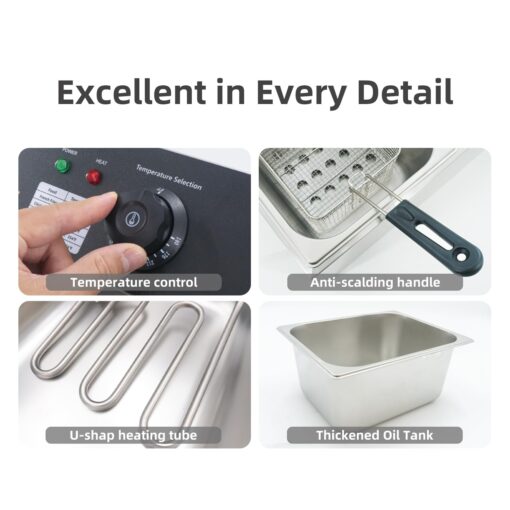 Electric Deep Fryer 17.2L/18.2QT Stainless Steel Dual Tank Commercial Fryer with Basket, 3400W 110V Countertop Deep Fryer for Home Kitchen and Restaurant Use with Oil Thermometer & Temperature Control - Image 2