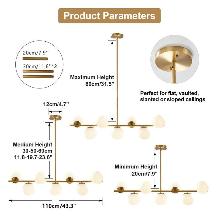 KCO Lighting Modern Brass Linear Chandelier Pendant Light 7-Lights Gold and White Glass Pendant Lighting Mid Century Globe Dining Light Fixture for Living Room Kitchen - Image 7