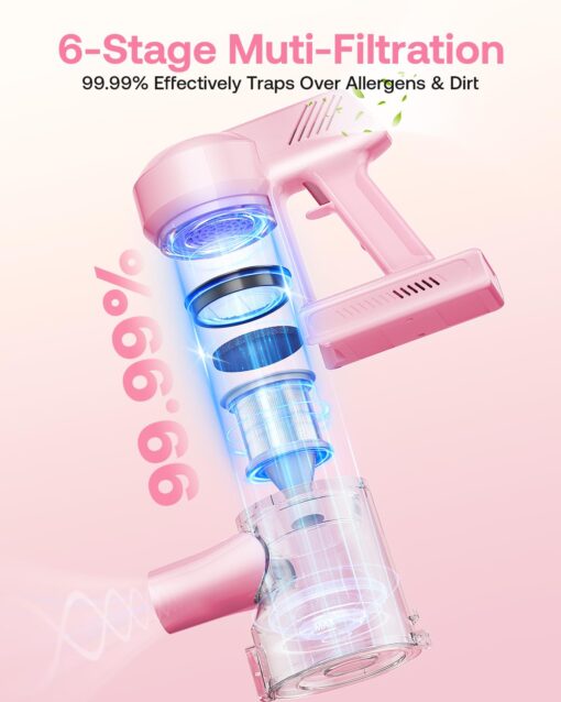 Cordless Vacuum Cleaner, 40Kpa 45Mins Vacuum Cleaners for Home, 8-in-1 Lightweight Stick Vacuum with Powerful Suction, Anti-tangle Wireless Vacuum for Carpet, Tile, Pet Hair, Hardwood Floors, Pink - Image 3
