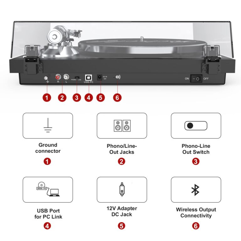 Turntables Belt-Drive Record Player with Wireless Output Connectivity, Vinyl Player Support 33&45 RPM Speed Phono Line USB Digital to PC Recording with Advanced Magnetic Cartridge&Counterweight Black - Image 7