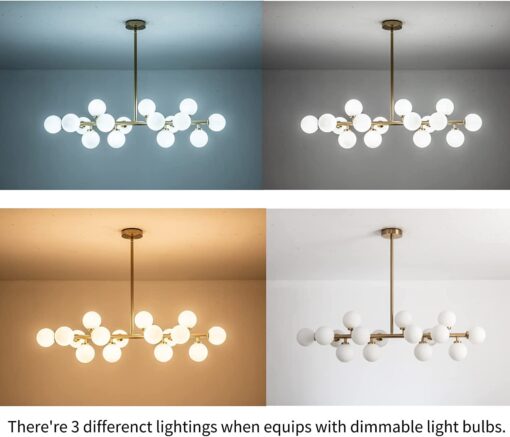 7PMBEANE Mid Century Modern Chandelier Over Table, 16-Light Globe Sputnik Chandelier Brass Pendant Lighting Fixture Hanging Ceiling Light for Dining Room, Kitchen Island - Image 5