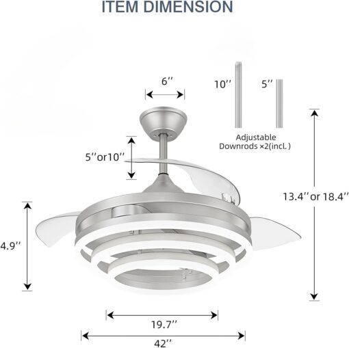 TXCSLY 42 Inch Retractable Ceiling Fan, Chandelier Ceiling Fan with Light DC Motor, 3 Color Tempearture, 6 Wind Speed for Bedroom, Living Room and Dining Room, Silver - Image 5