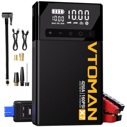 VTOMAN X7 Jump Starter with Air Compressor, 4250A Portable Car Jumper with 160PSI Digital Tire Inflator,12V Lithium Battery Charger Booster Box with Type-C Quick Charge (Up 10L Gas/10L Diesel Engine)