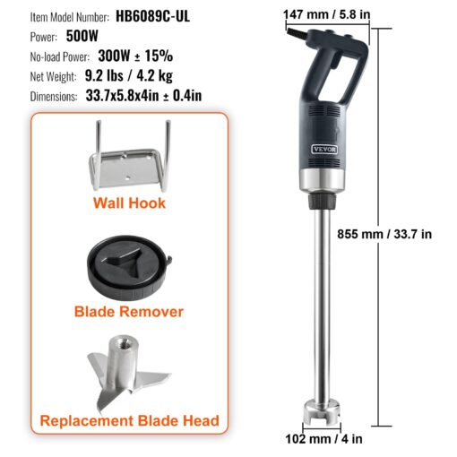 VEVOR Commercial Immersion Blender, 500 Watt 20Inch Heavy Duty Hand Mixer, Variable Speed Mixer with 304 Stainless Steel Blade, Multi-Purpose Portable Mixer for Soup, Smoothie, Puree, Baby Food - Image 4