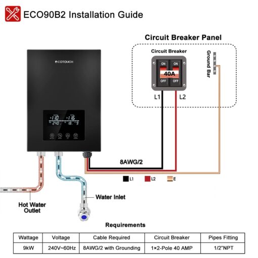 Tankless Electric,ECOTOUCH 9KW 240V On Demand, Self-Modulating Instant Hot Water Heater ECO90 Black - Image 4
