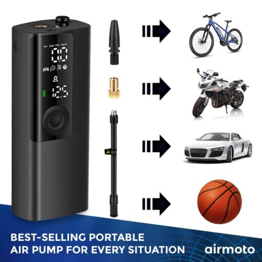 Airmoto Tire Inflator Portable Air Compressor - 3pack - Air Pump for Car Tires with Digital Pressure Gauge, LED Light and Auto Shut-Off Function - Cordless Pump for Car, Motorcycle, Bicycle, Balls - Image 8