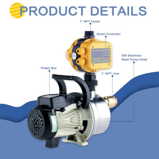 TDRSUPER 1/2 HP Water Pressure Booster Pump with Smart Controller, 845GPH, 110V, Stainless Steel Well Pump, Automatic Water Transfer Jet Pump for Home, Garden, Lawn, Irrigation - Image 3