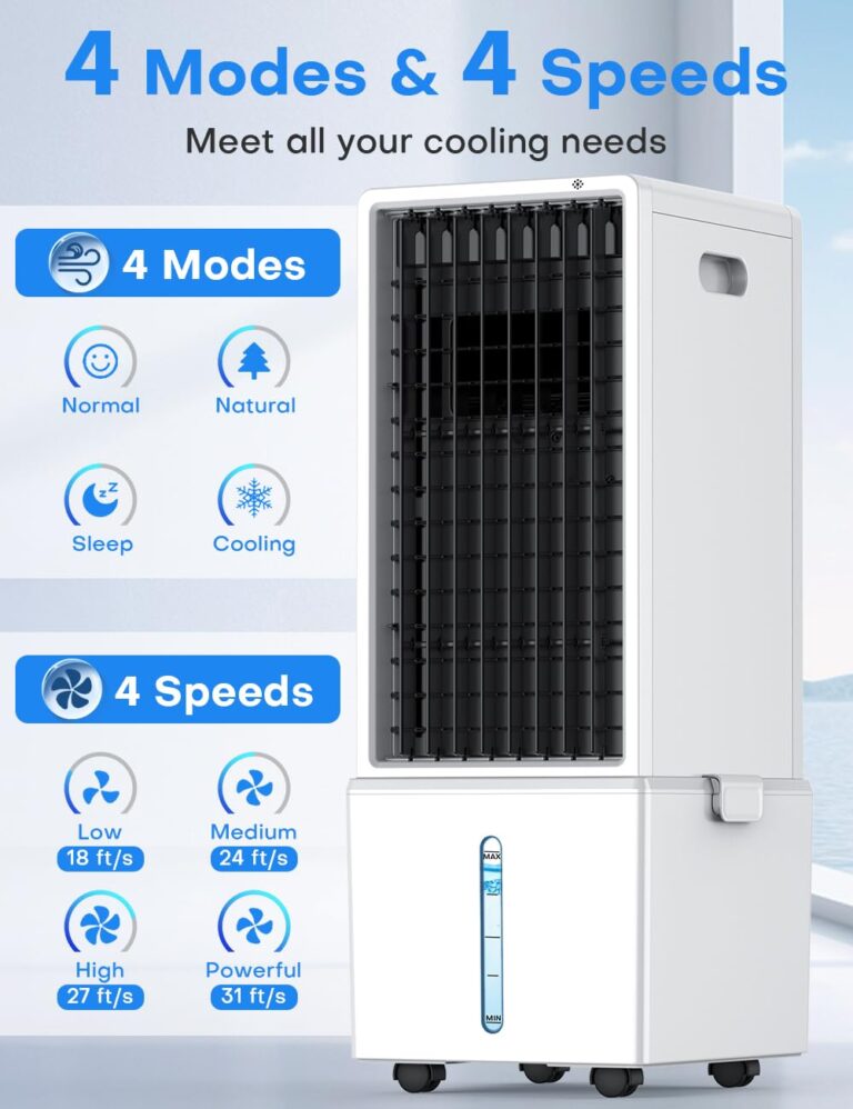 COOLECH 4-IN-1 Portable Air Conditioners w/3.2-Gal Tank for 24H Cooling, 4 Powerful Wind Speeds & 4 Modes, LED Touch Screen, Waterless Alert System & 12H Timer, Remote, Evaporative Air Cooler for Home - Image 7