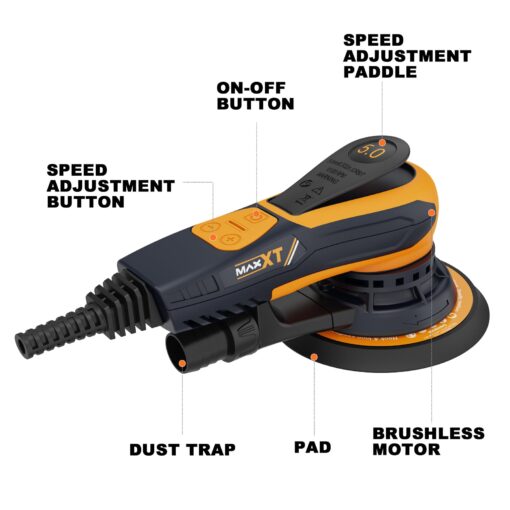 MAXXT Electric 5mm Random Orbital Sander, Palm Sander with Brushless Motor, 5&6Inch Sanding Pads, Central Vacuum, Sanders for Woodworking, Primary Wood and Panel Processing(Orange) - Image 9