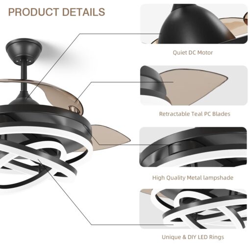 TXCSLY Retractable Ceiling Fan, 42 Inch Chandelier Ceiling Fan with Light, Modern Fandelier Ceiling Fan for Bedroom Living Room Dinning Room, Reverse Motor, 3 Color Temperature, 6 Wind Speed, Black - Image 2