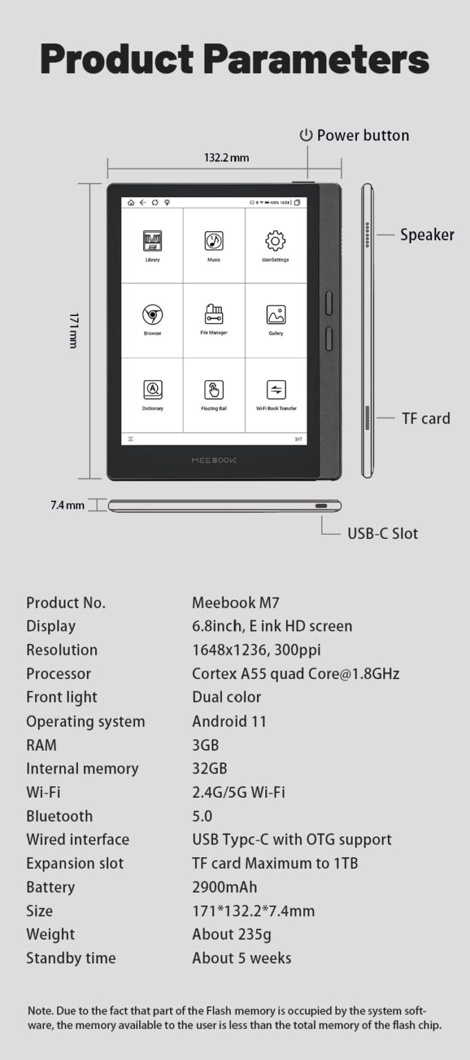 MEEBOOK M7 e-Book Reader | 6.8" 300PPI HD E-Ink Screen eReader | Cold/Warm Light | Android 11 | Support Google Play Store | Speaker/OTG/Type C | Micro SD Card Slot | 3GB+32GB | Gray| - Image 3