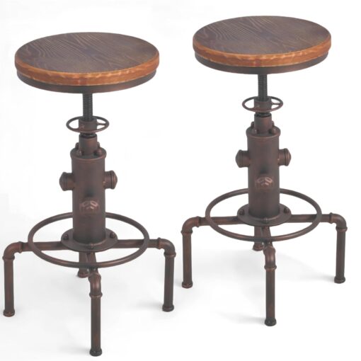 Topower Antique Vintage Industrial Barstool Solid Wood Water Pipe Fire Hydrant Design Cafe Coffee Industrial Bar Stool Set of 2 Red Bronze - Image 5