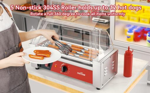 CROSSON 12 Hot Dog 5 Roller Grill Machine with Transparent Sneeze Guard,5 Nonstick 304SS Rollers Commercial Hot Dog Cooker Machine-120V, 750W - Image 7
