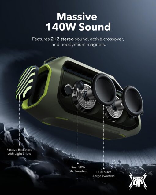 soundcore Boom 2 Plus By Anker, Outdoor Speaker, 140W, 2+2 Channel, BassUp 2.0, 20H Playtime, Fast Charge, IPX7 Waterproof, RGB Lights, Power Bank, Bluetooth 5.3, Portable for Outdoors, Camping, Beach - Image 6