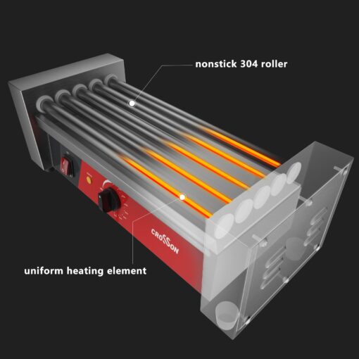CROSSON 12 Hot Dog 5 Roller Grill Machine with Transparent Sneeze Guard,5 Nonstick 304SS Rollers Commercial Hot Dog Cooker Machine-120V, 750W - Image 4