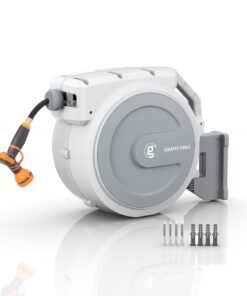 Giraffe Tools Retractable Garden Hose Reel, 5/8 in x 90 ft Heavy Duty Hose Reel With 9 Pattern Nozzle, Any Length Lock, Wall Mount Water Hose Reel, 180°Swivel, Light Grey
