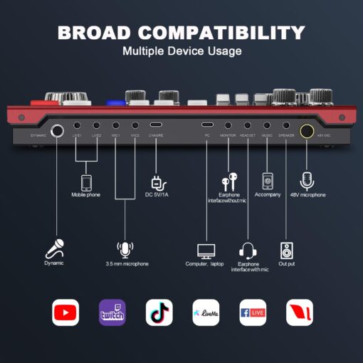 Hayner-Seek Podcast Equipment Bundle for 2,Audio Interface DJ Mixer With 3.5mm XLR Condenser Microphone for Living Streaming,Recording,Gaming,TikTok,YouTube,PC,Smartphone (Red) - Image 4