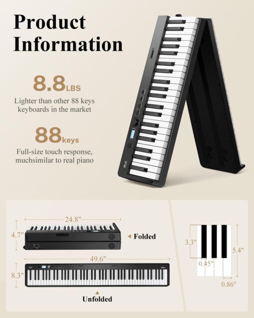 Eastar EP-10 Beginner Foldable Digital Piano 88 Key Full Size Semi Weighted Keyboard, Bluetooth Portable Electric Piano with Piano Bag - Image 3