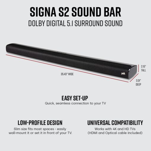 Polk Audio Signa S2 Sound Bar & Wireless Subwoofer – Exclusive VoiceAdjust Technology, Ultra-Slim Design, Works with 4K & HD TVs, HDMI & Optical, Bluetooth, Wireless Streaming - Image 6