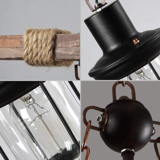8 Lights Industrial Wooden Hanging Lighting Black Metal Chandelier Farmhouse Vintage Pendant Lamp Glass Lampshade for Pool Table Kitchen Island Bar Retro Ceiling Light Height Adjustable Fixture - Image 4