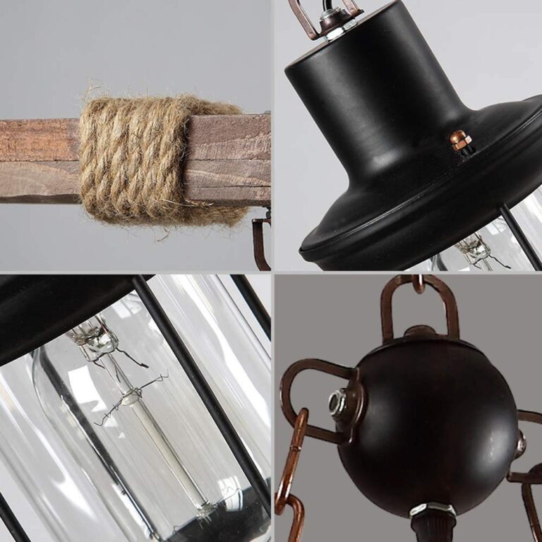 8 Lights Industrial Wooden Hanging Lighting Black Metal Chandelier Farmhouse Vintage Pendant Lamp Glass Lampshade for Pool Table Kitchen Island Bar Retro Ceiling Light Height Adjustable Fixture - Image 4