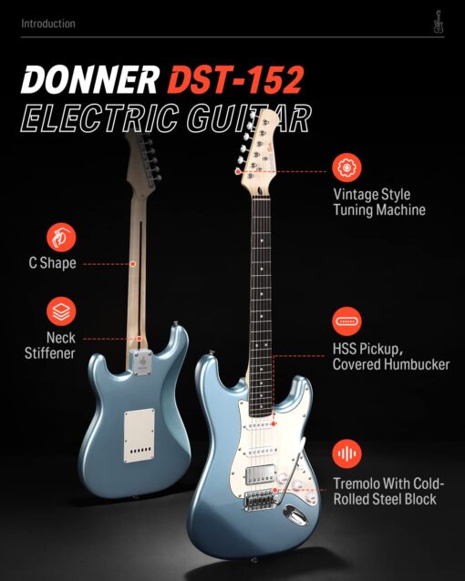 Donner DST-152R Electric Guitar, 39" Beginner Electric Guitar Kit, HSS Pickup with Coil Split, Guitar Starter Set with Amp, Bag, All Accessories, Metallic Ice Blue - Image 7