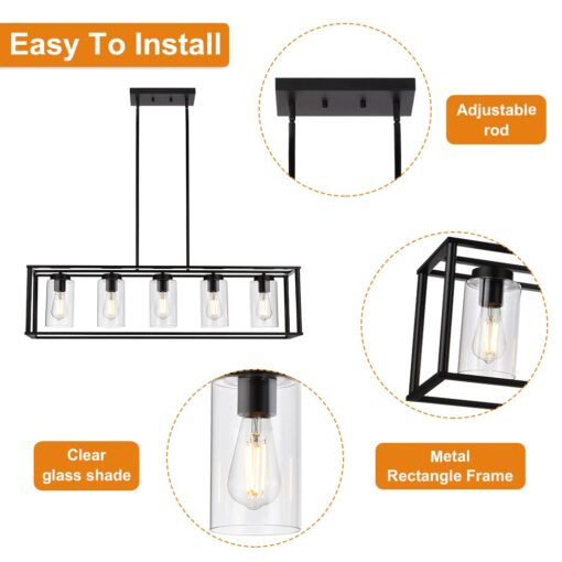 VINLUZ Farmhouse Chandeliers Rectangle Black 5 Light Dining Room Lighting Fixtures Hanging, Kitchen Island Cage Pendant Lights Contemporary Modern Ceiling Light with Glass Shade Adjustable Rods - Image 4