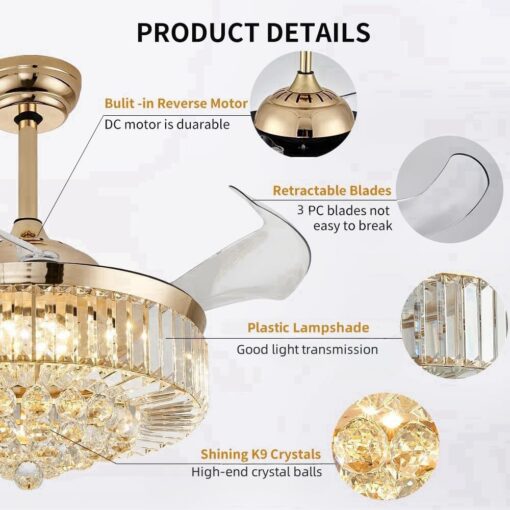 42'' Fandelier Ceiling Fans with Light, Chandelier Ceiling Fan, Retractable Crystal Ceiling Fan for Bedroom, Living Room, 3 Color Change, LED Dimmable, 6 Speeds, Reversible DC Motor-Gold - Image 2