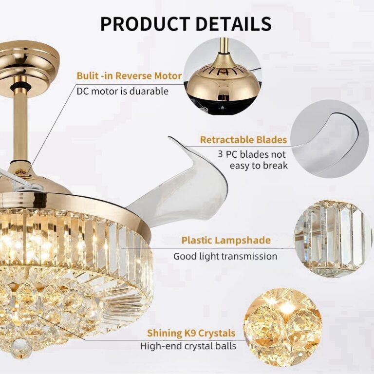42'' Fandelier Ceiling Fans with Light, Chandelier Ceiling Fan, Retractable Crystal Ceiling Fan for Bedroom, Living Room, 3 Color Change, LED Dimmable, 6 Speeds, Reversible DC Motor-Gold - Image 2