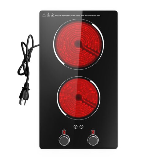 110v Electric Cooktop 2 Burners, 12'' Electric Stove Top with Plug in, GTKZW Knob Control Countertop & Built-in Ceramic Cooktop, 9 Power Levels, Child Lock, Timer, Over-Heat Protection - Image 3