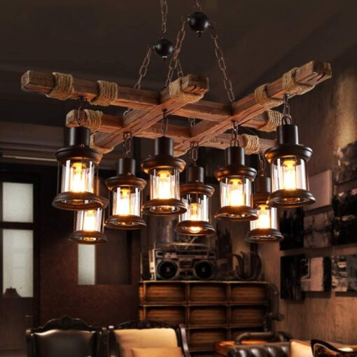 8 Lights Industrial Wooden Hanging Lighting Black Metal Chandelier Farmhouse Vintage Pendant Lamp Glass Lampshade for Pool Table Kitchen Island Bar Retro Ceiling Light Height Adjustable Fixture - Image 9